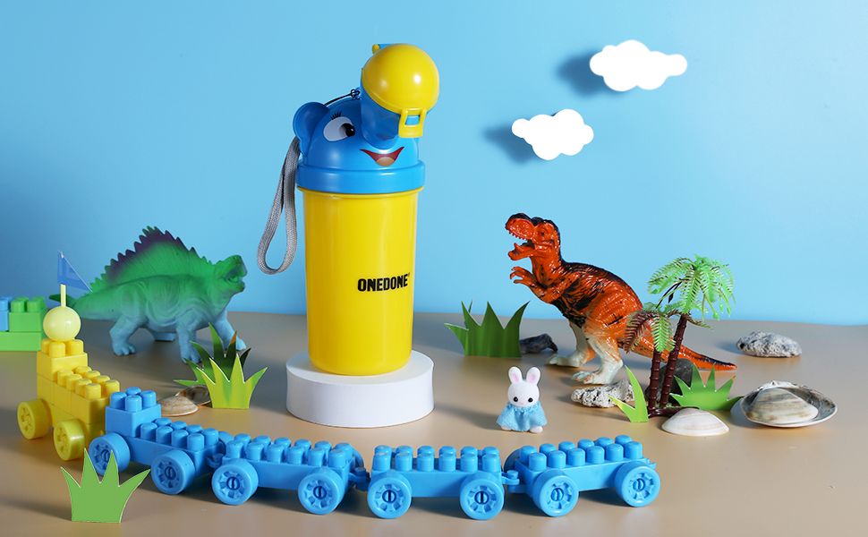 ONEDONE kids portable urinal in a playroom with toy dinosaurs